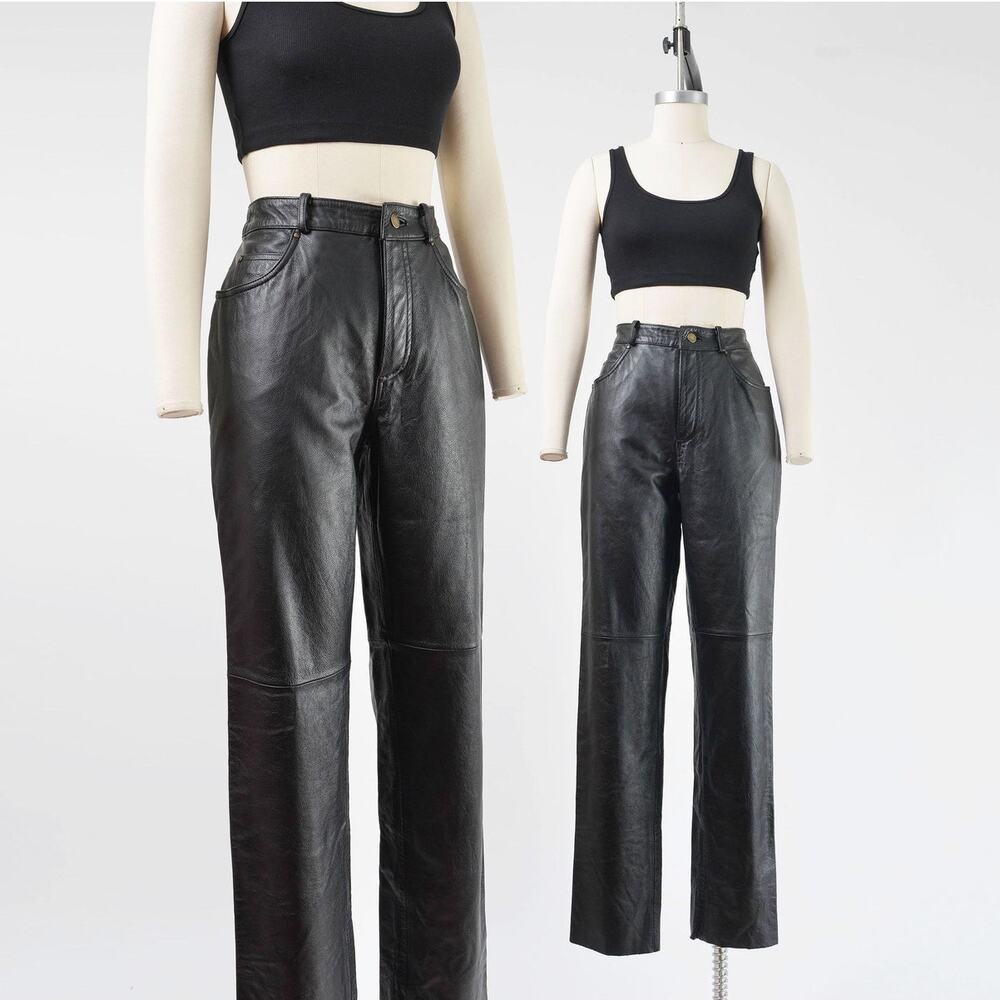 Vintage 90s Black Leather Pants Minimalist High Waisted Straight Leg Trousers M